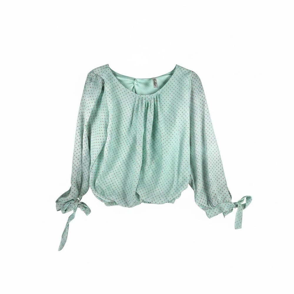 Cynthia Collection Mint Green Pink Polka Dot Lined Tie Sleeve Blouse